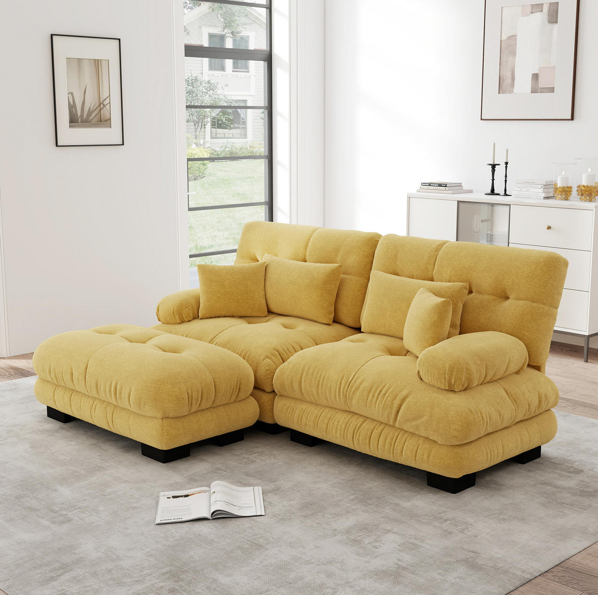 ECKSOFA 220/145/81 cm gelb aus Chenille mit Ottomane und Kissen - Gelb, Textil (145/220cm) - OKWISH