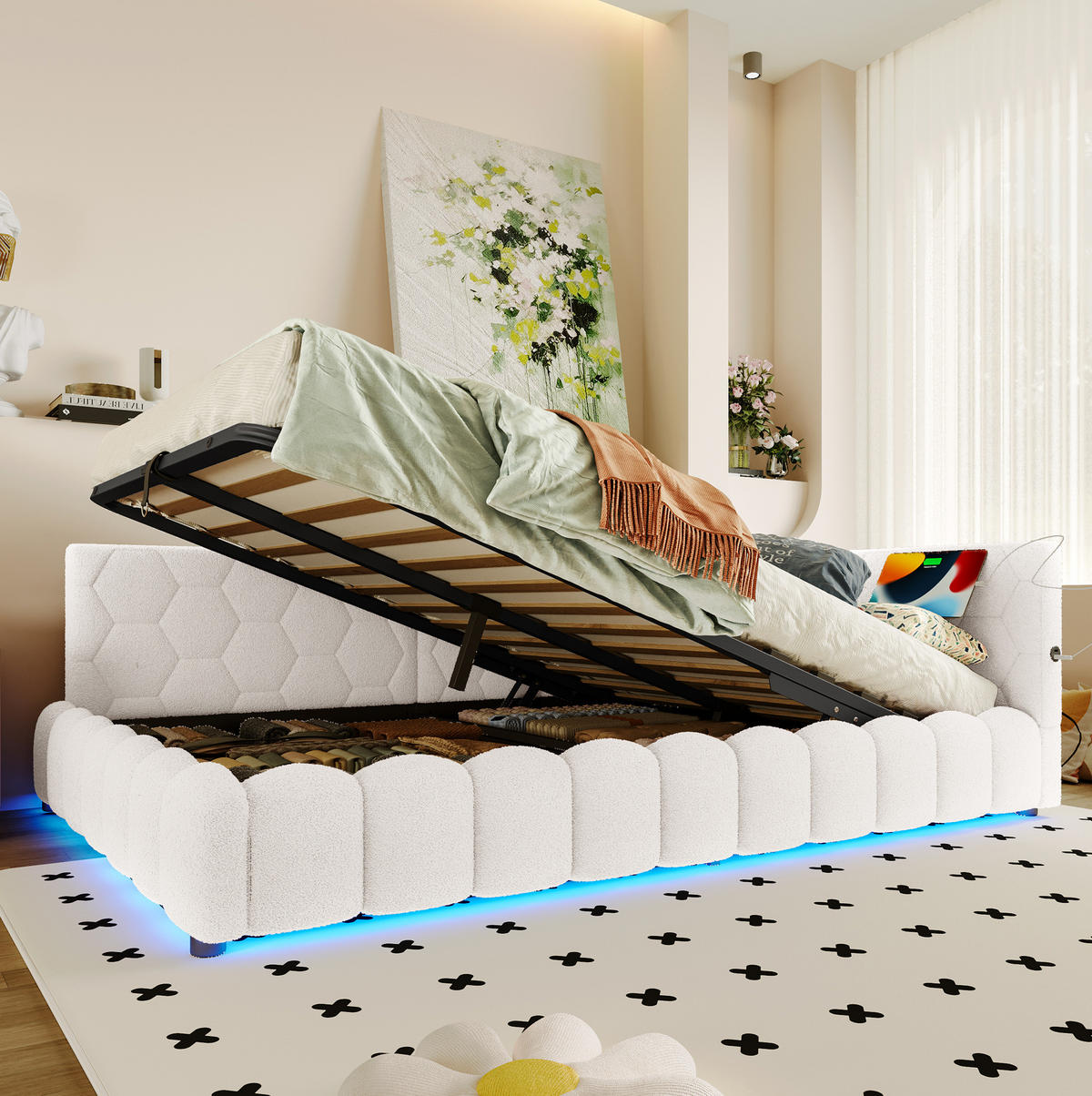 POLSTERBETT 140/200 cm Weiß mit Stauraum, LED-Beleuchtung und USB - Weiß, Textil (140/200cm) - Flora Grace