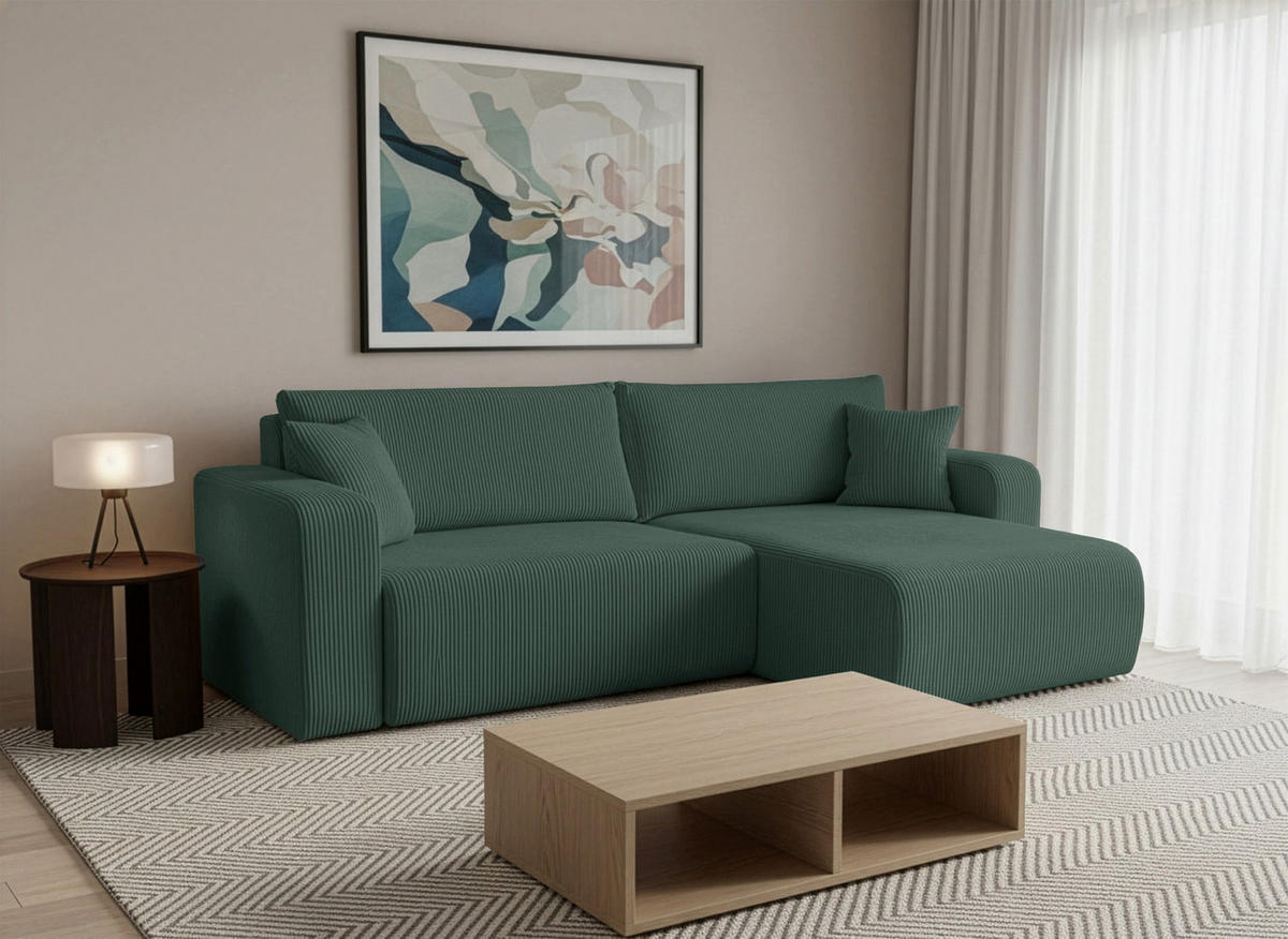 ECKSOFA mit Schlaffunktion Nellio L-Form universal mit Bettkasten Dunkelgrün Cord - Dunkelgrün/Schwarz, Kunststoff/Textil (245/145cm) - Homebook