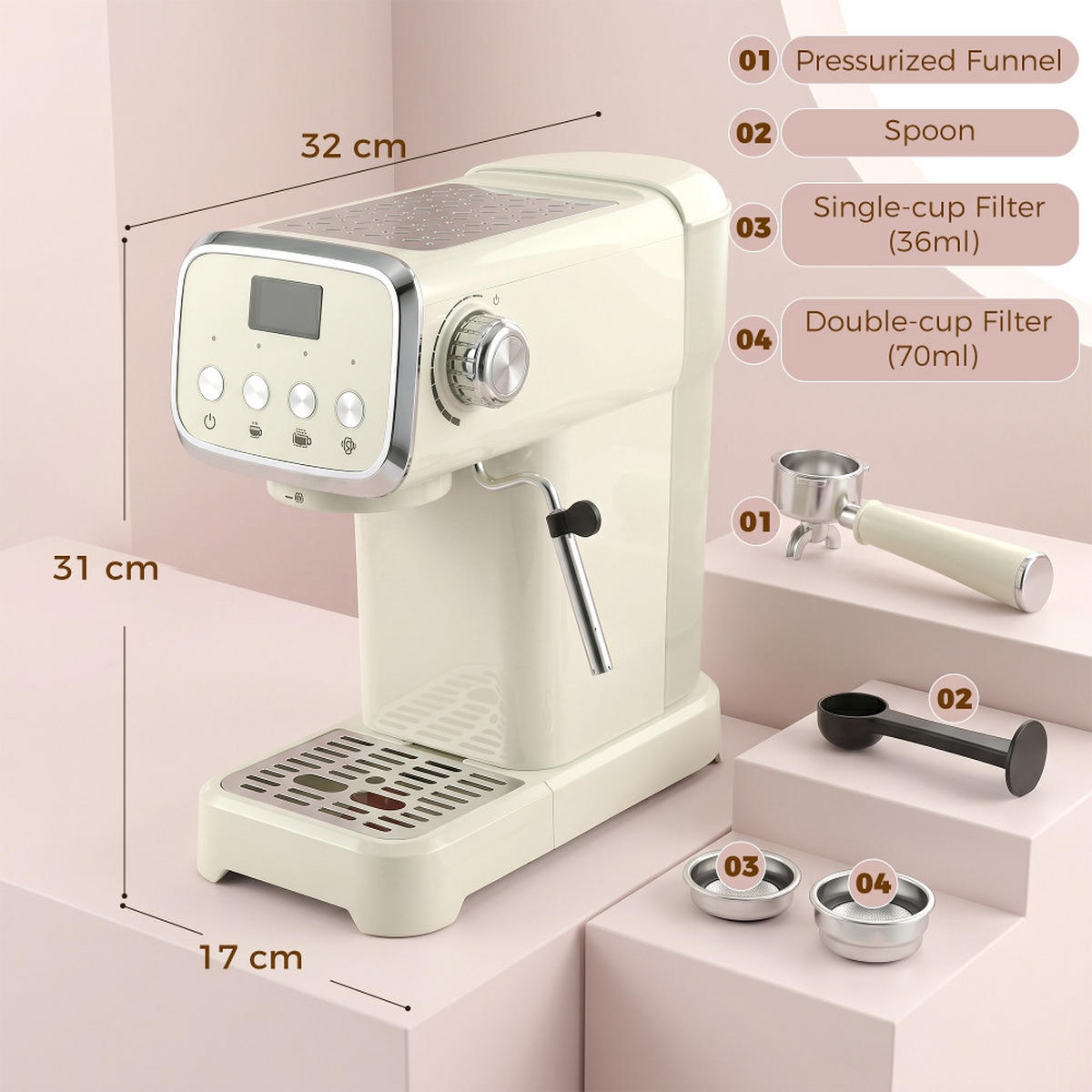 ESPRESSOMASCHINE mit Milchaufschäumer, 20 BAR DRUCK, Kunststoff-Edelstahl - Weiß, Metall (17/31/32cm) - Rolipo