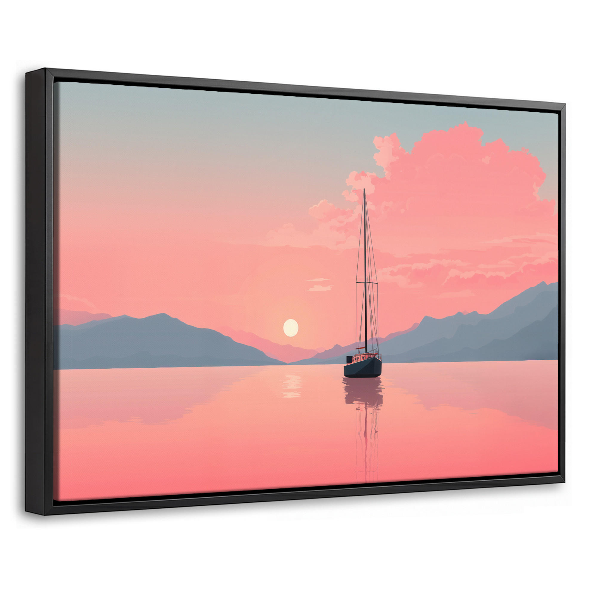 LEINWAND Bilder mit Rahmen - Segelboot - Rosa Meer - Sonnenuntergang - Berge - 60x40 - Rosa, Textil (60/40cm) - OnlyWow