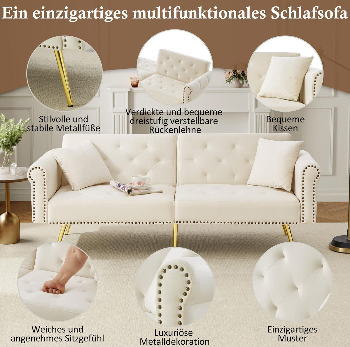 2-SITZER 147/85 cm Beige aus Samt mit verstellbarer Rückenlehne - Beige, Kunststoff (75/70/173cm) - OKMYHOME