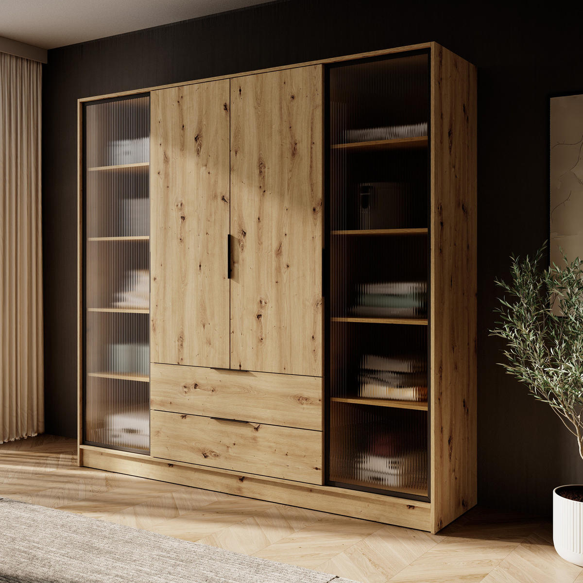 KLEIDERSCHRANK RICADI 4D RD (Artisan Eiche, Riffelglas, 4 Türen, 2 Schubladen, Kunststoffgriffe) - Schwarz/Eiche Artisan, Holz/Holzwerkstoff (206/200/51cm) - Ravio