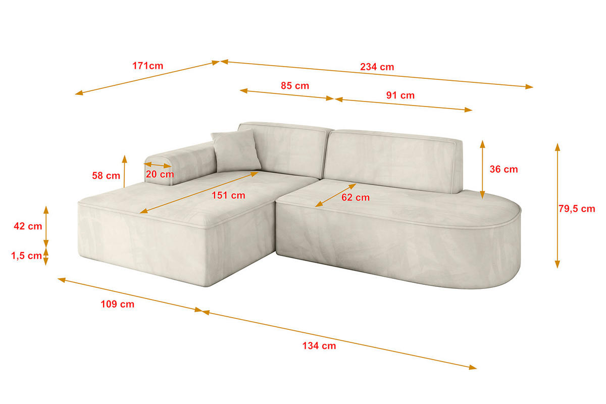 ECKSOFA Ottomane Links IREA-L1-v3 - 234x171x79 cm Dunkelgrau - Ecru, Holzwerkstoff/Textil (234/171cm) - ALTDECOR