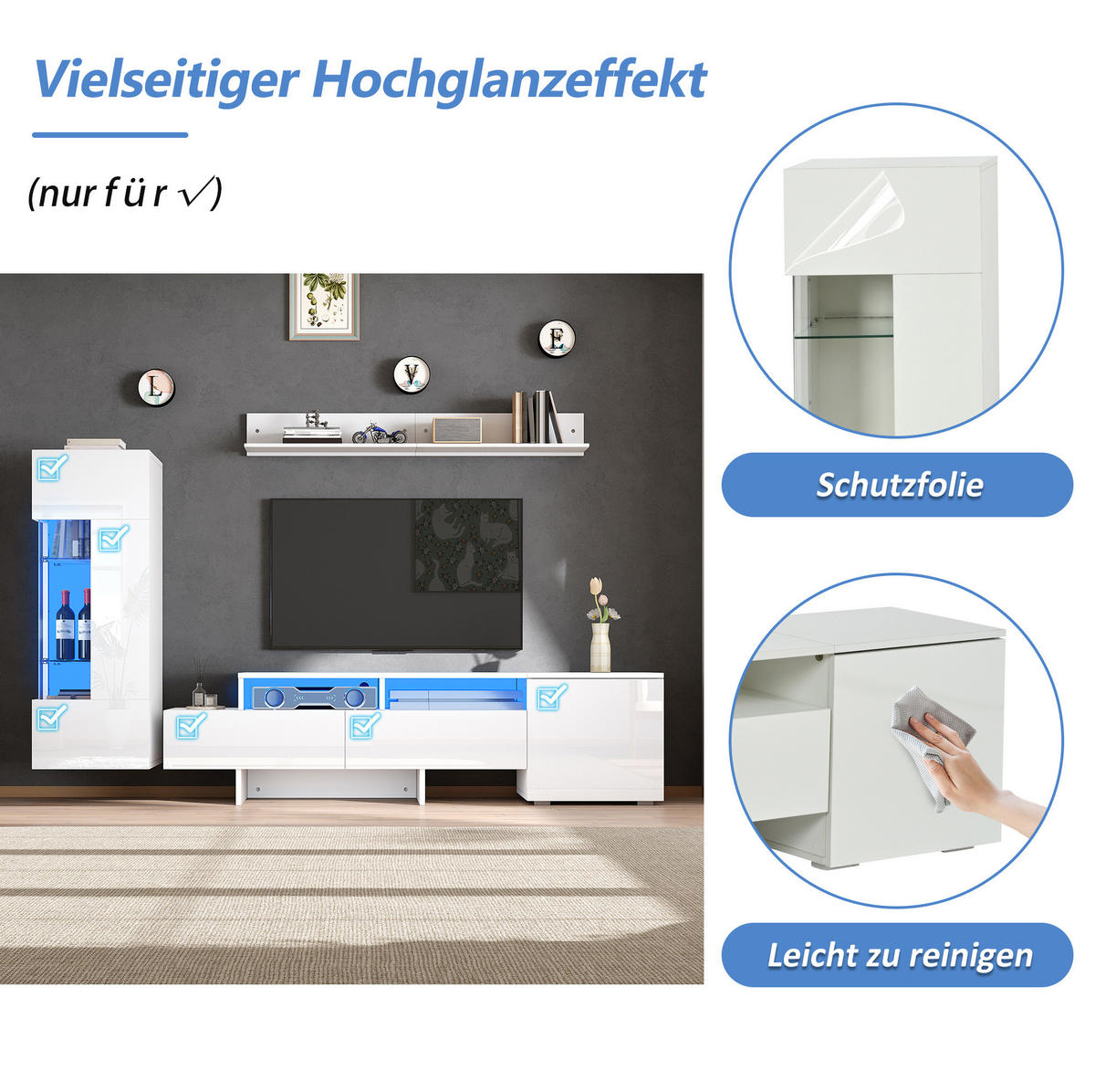 TV-WOHNWAND 3-teilig 170/35/45 cm aus Spanplatte mit LED-Beleuchtung und Hochglanzfront Weiß - Weiß, Holzwerkstoff (170/45/35cm) - Modenvie