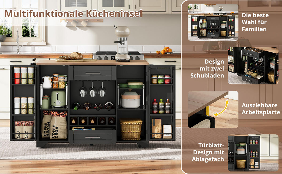 KÜCHENINSEL Küchenwagen KLAPPBARE ARBEITSPLATTE und WEINREGAL, Schwarz Holzoptik, mobile , 138/70/92 cm - Schwarz, Kunststoff (70/92/138cm) - Rolipo
