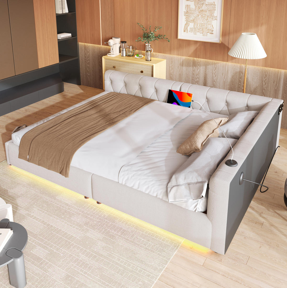 POLSTERBETT 140/200 cm aus Leinen mit LED-Beleuchtung und USB- und Type-C-Anschlüssen - Beige, Textil (140/200cm) - Flora Grace