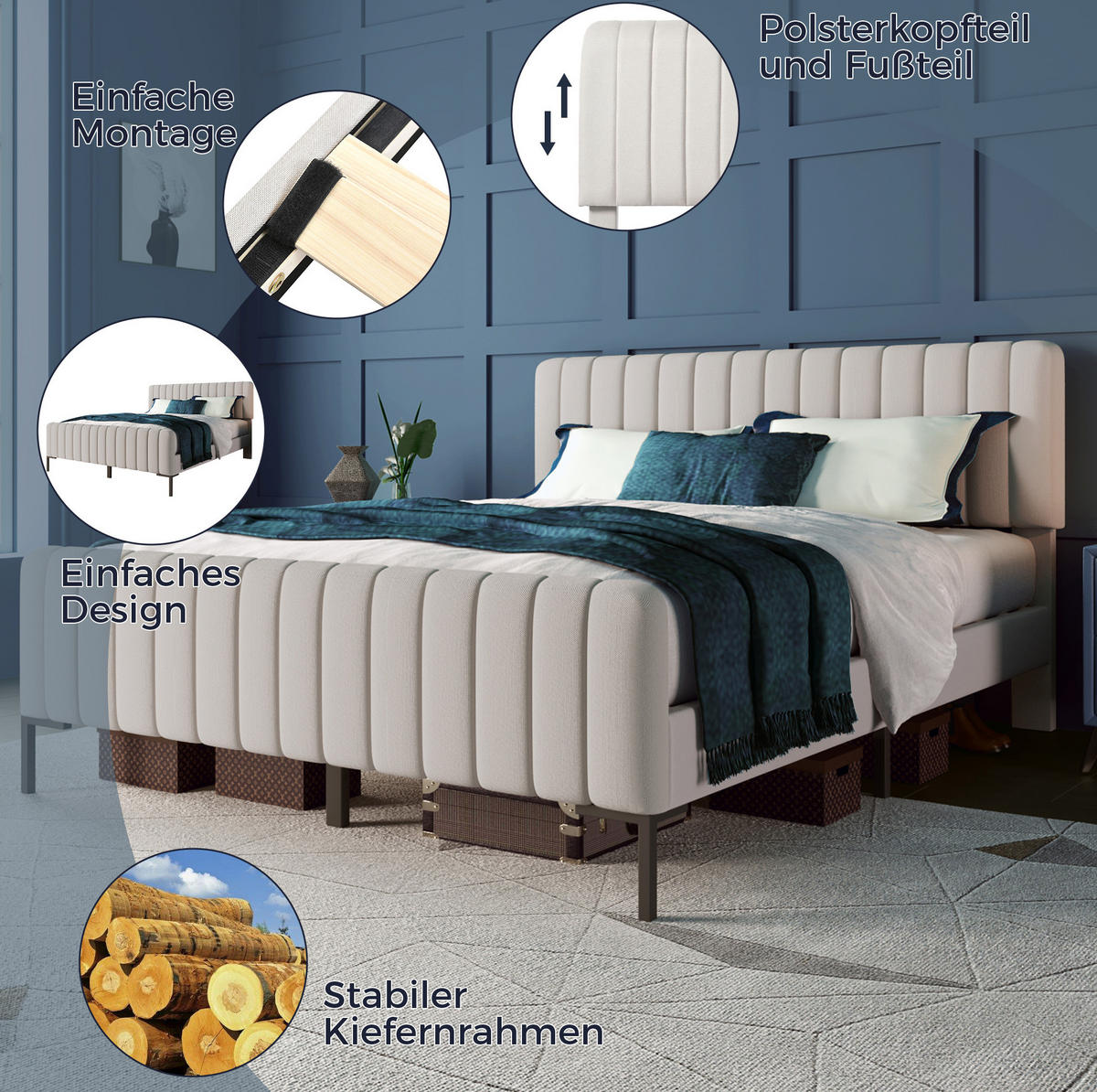 POLSTERBETT 160/200 cm Grau-Beige aus Leinen mit Matratze - Grau, Textil (160/200cm) - OKMYHOME