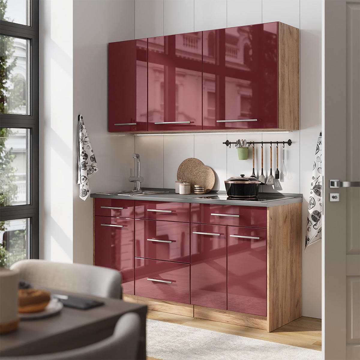 SAMOSTATNÁ KUCHYŇA Fame-Line, Bordeaux vysoký lesk/Dub Goldkraft, 150 cm, AP Oak - bordová/dub medový, kompozitné drevo (150/82/60cm) - Vicco