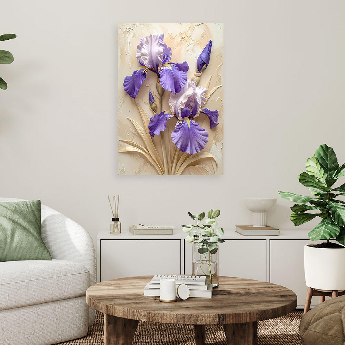 WANDBILD, Lila Schwertlilien in einem eleganten Blumenarrangement - Beige, Textil (70/100cm) - Feeby