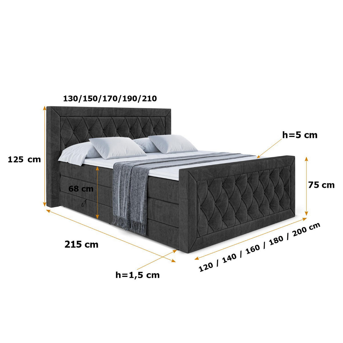 BOXSPRINGBETT NOEL-Z KING - 160 x 200 - H3/H4 - Schwarz - Schwarz, Holzwerkstoff (160/200cm) - ALTDECOR