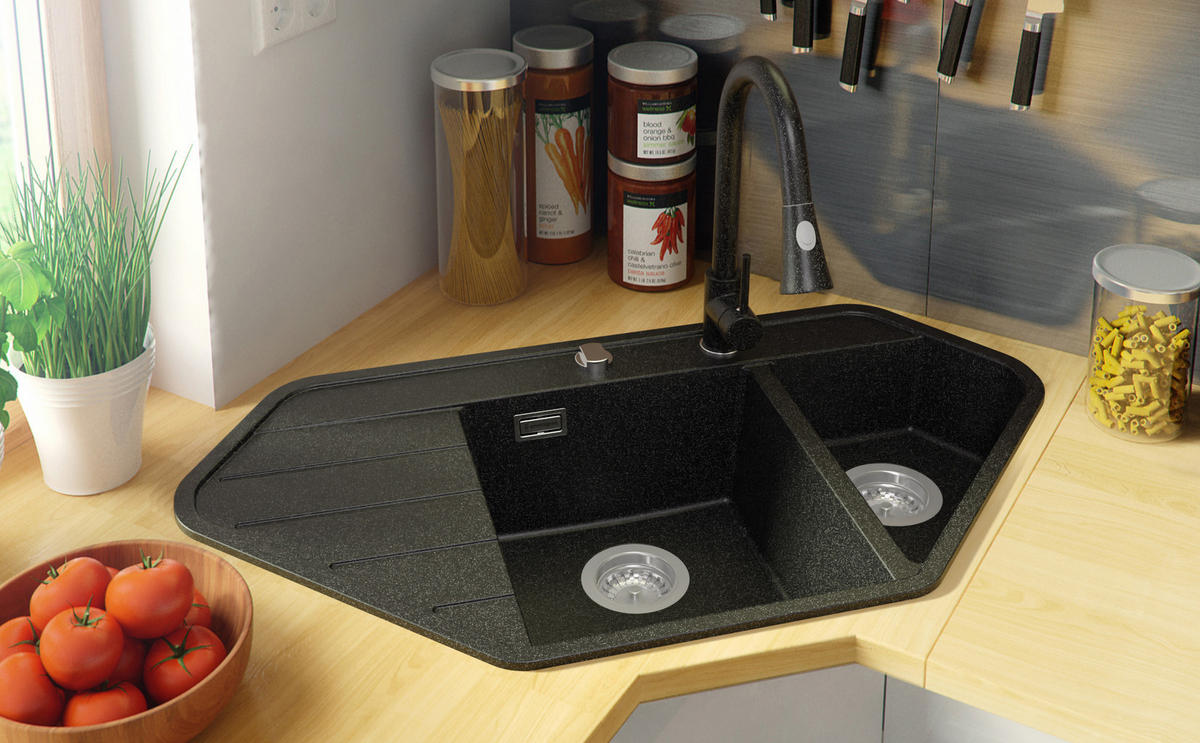 ECKSPÜLE Kopenhagen Corner, 2-er set Anthrazit 90/50 cm 1,5 Becken + Ablauf-Set ab 70er Unterschrank - Chromfarben/Anthrazit, Kunststoff (90/18/50cm) - Primagran