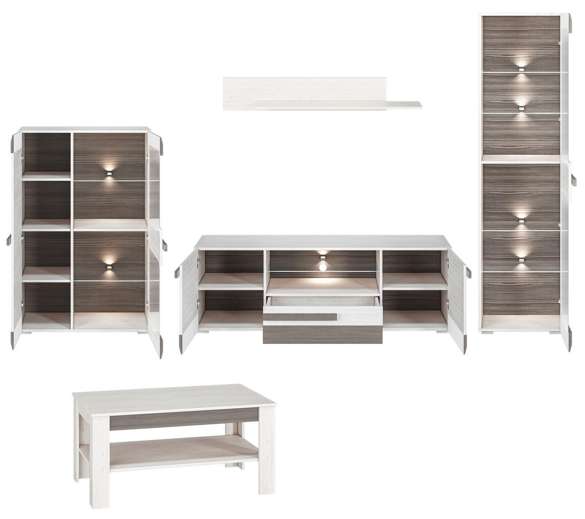 WOHNWAND 4-TEILIG Blanco Pinie weiß / grau 312 / 42 / 202cm - Weiß/Grau, Holz/Holzwerkstoff (312/202/42cm) - Feldmann-Wohnen