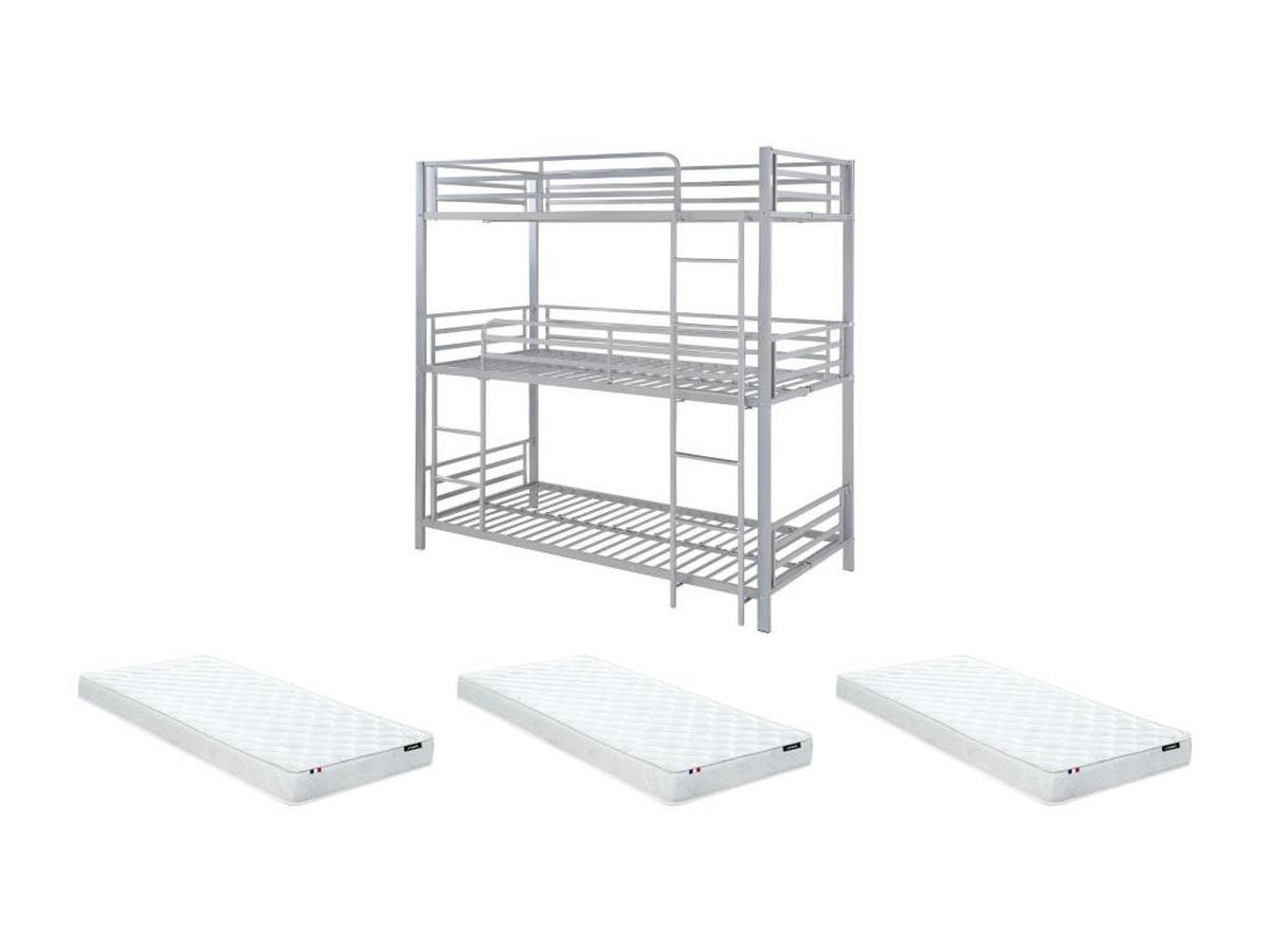 ETAGENBETT mit Matratze - 3 Personen - 3 x 90 x 190 cm - Metall - Silberfarben - ELOUAN III - Silberfarben, Metall - Vente-Unique