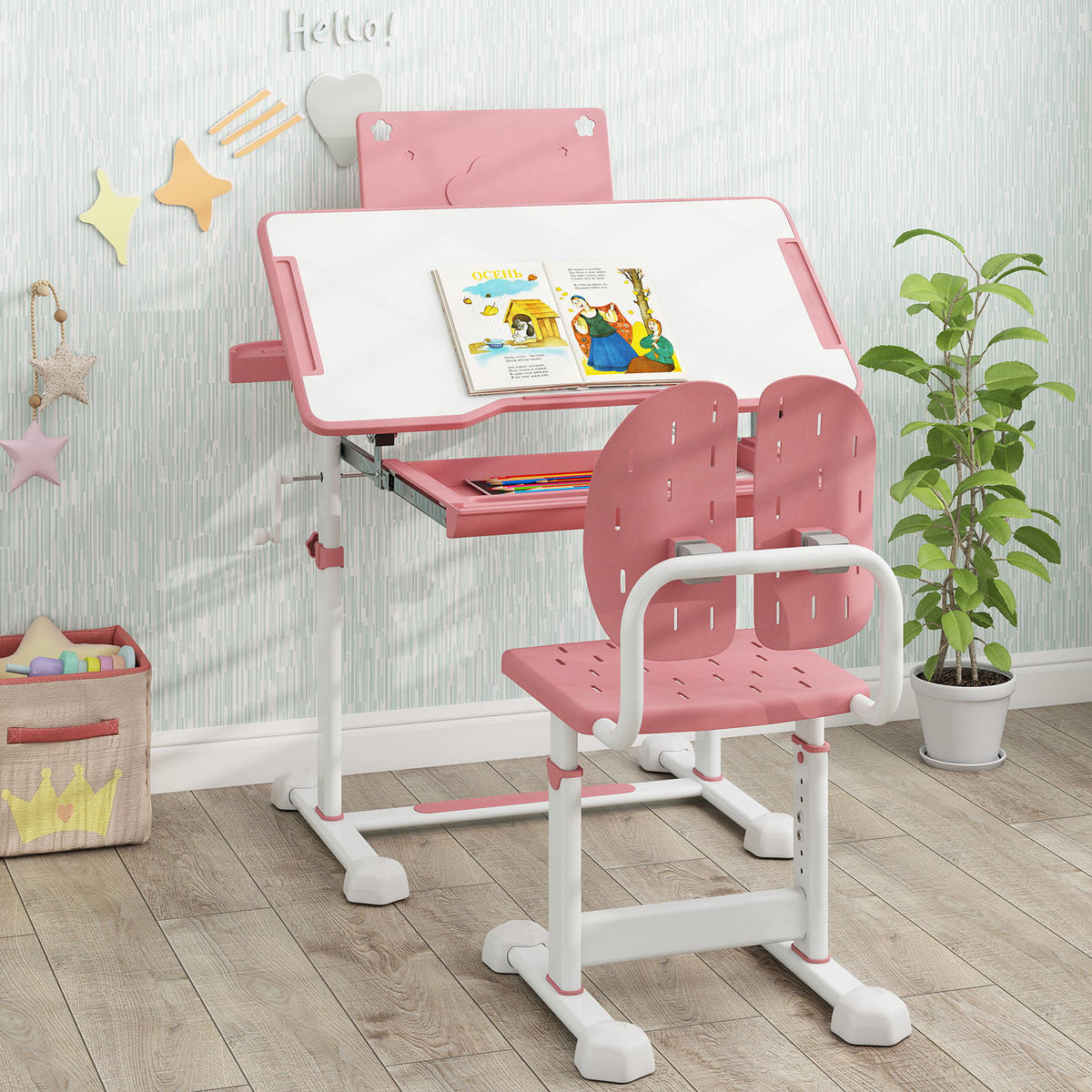 KINDERSCHREIBTISCH mit Stuhl Rosa(2-tlg) - Pink, Metall (80/83/50cm) - COSTWAY