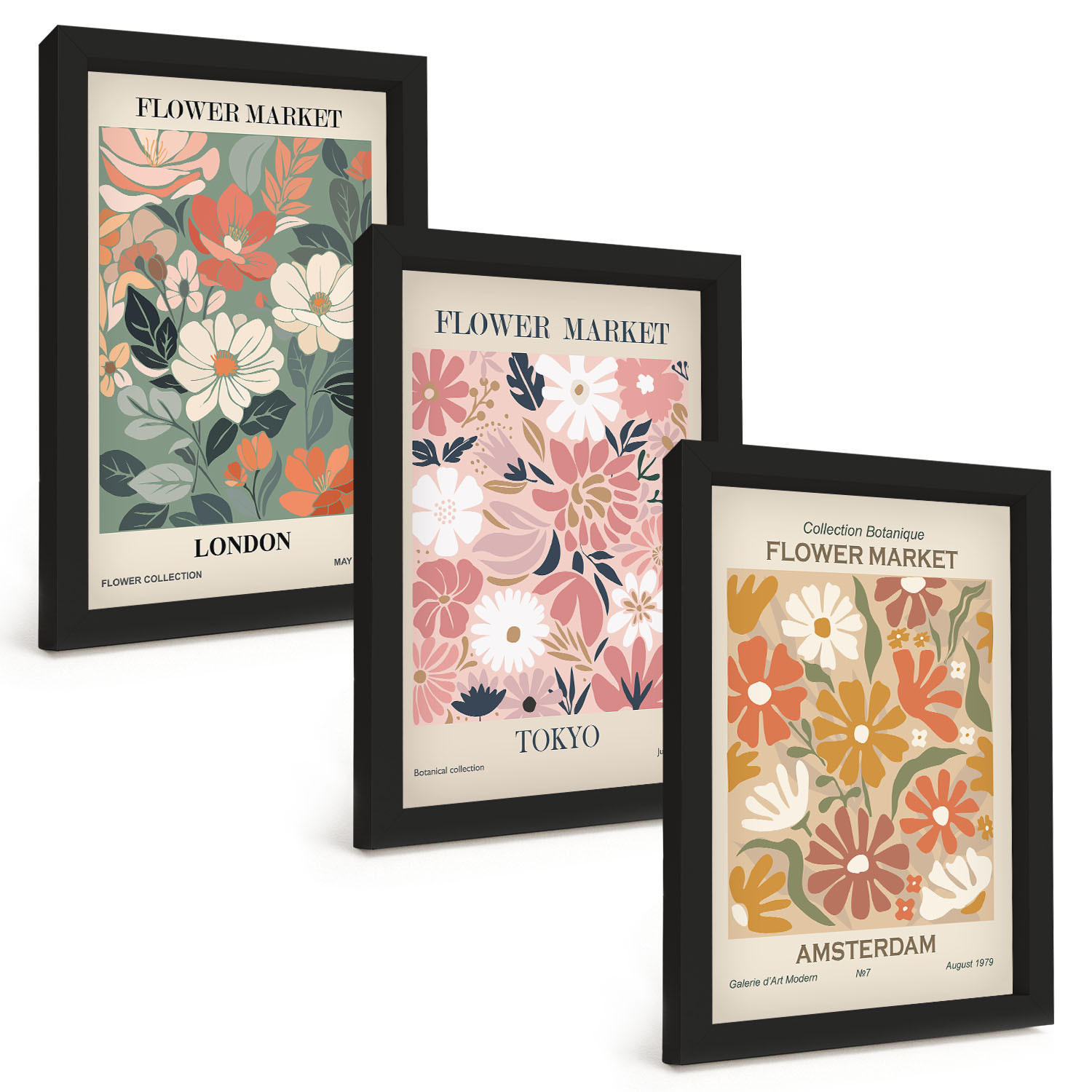 BILDER SET 3er Set - 20x30 cm Schwarzer Rahmen - Blumenmuster London Tokio Amsterdam - Schwarz, Kunststoff (20/30cm) - TULUP