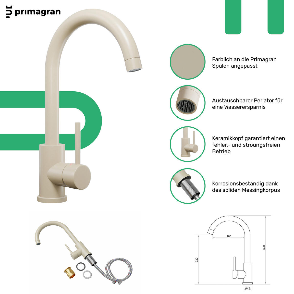 GRANITSPÜLE Kopenhagen Easy, 2-er set Beige 55/44 cm 1 Becken + Küchenarmatur 32/20 cm + Ablauf-Set ab 45er Unterschrank - Beige, Kunststoff (55/17/44cm) - Primagran