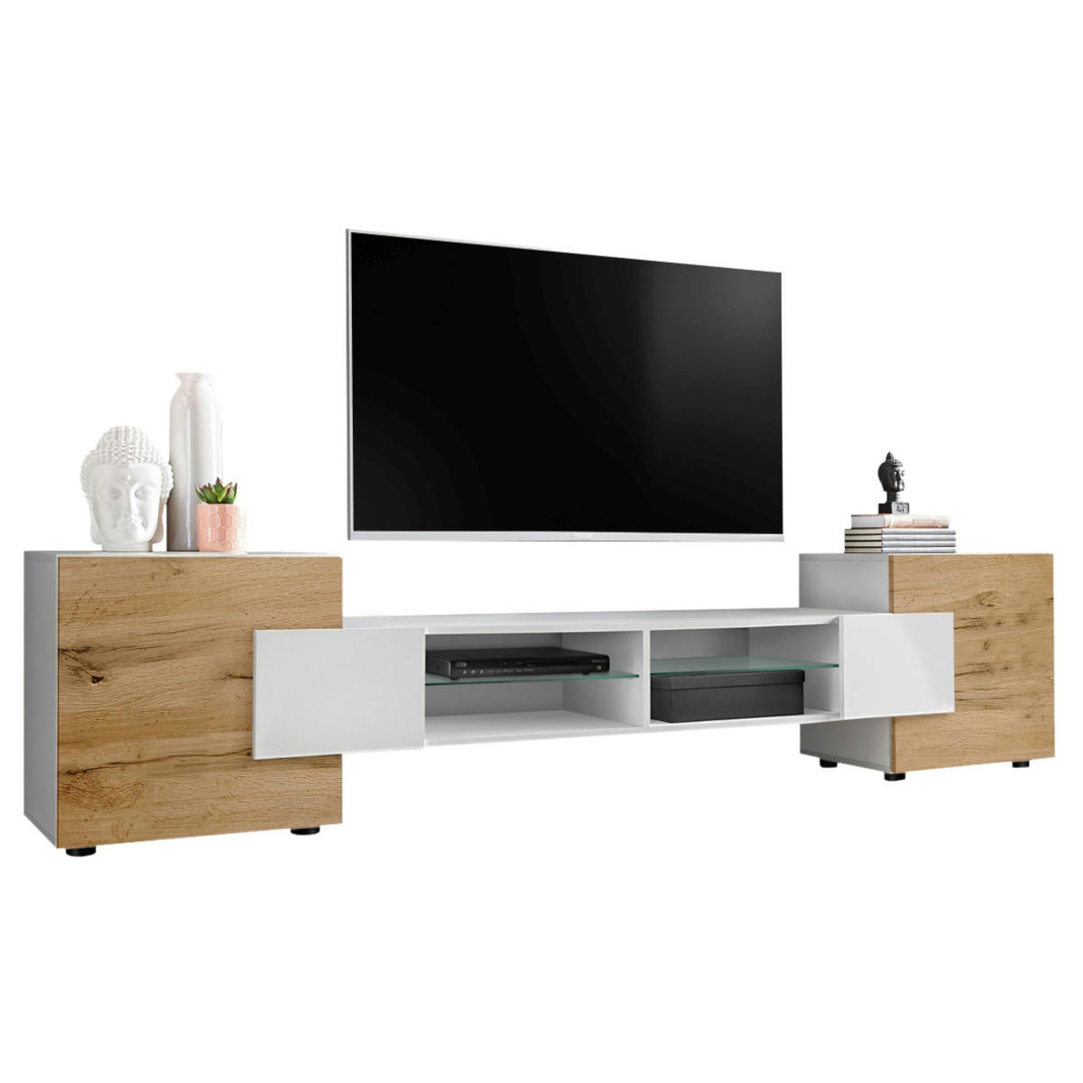 LOWBOARD MERANO Weiß - Eiche Wotan/Weiß, Glas/Holzwerkstoff (230/52.5/35cm) - Komodee