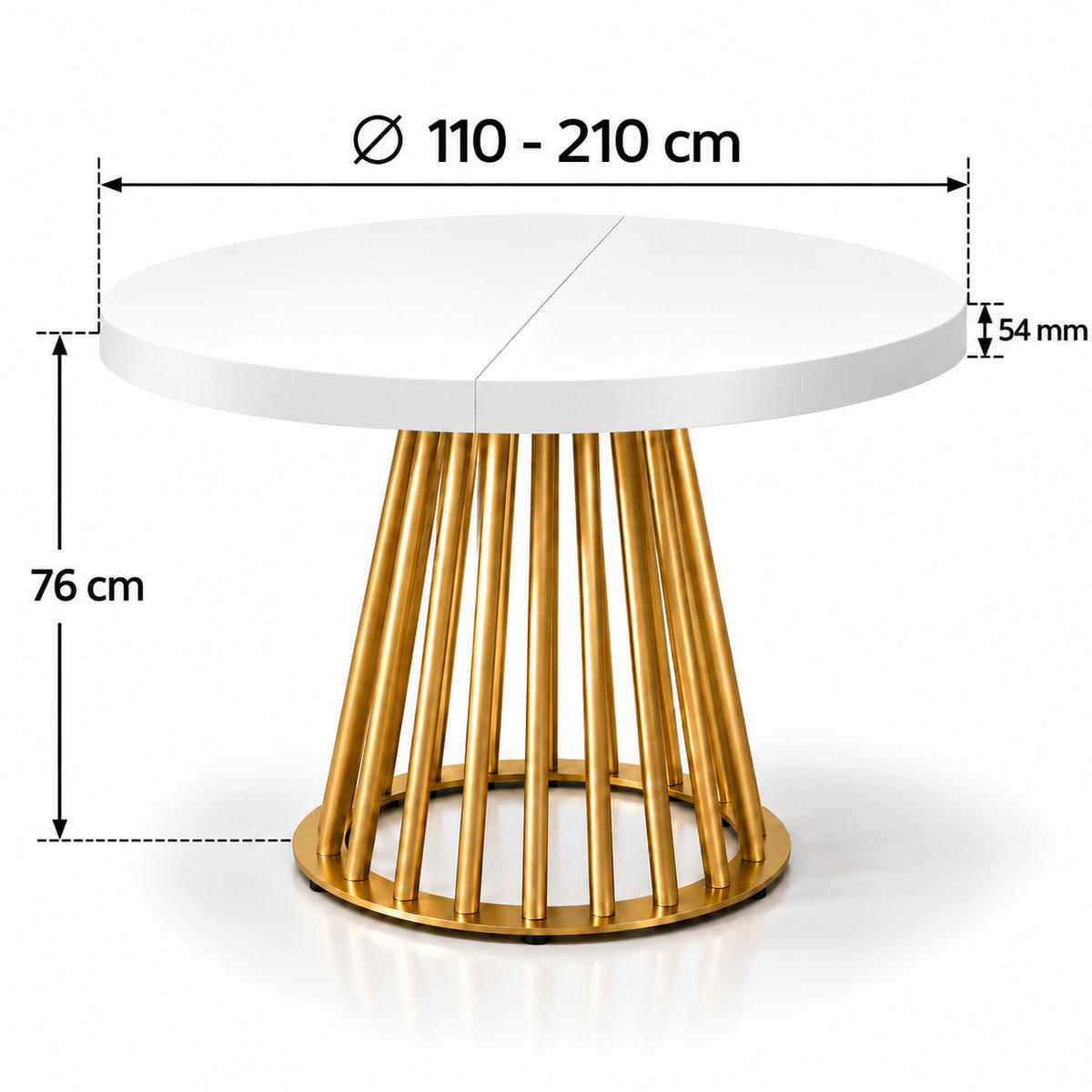 ESSTISCH rund ausziehbar 110/210/76 cm, Weiß, 54 cm Tischplatte + Lamellen-Metallgestell Gold - Goldfarben/Weiß, Holzwerkstoff/Metall (110/210/76cm) - Damale Möbel