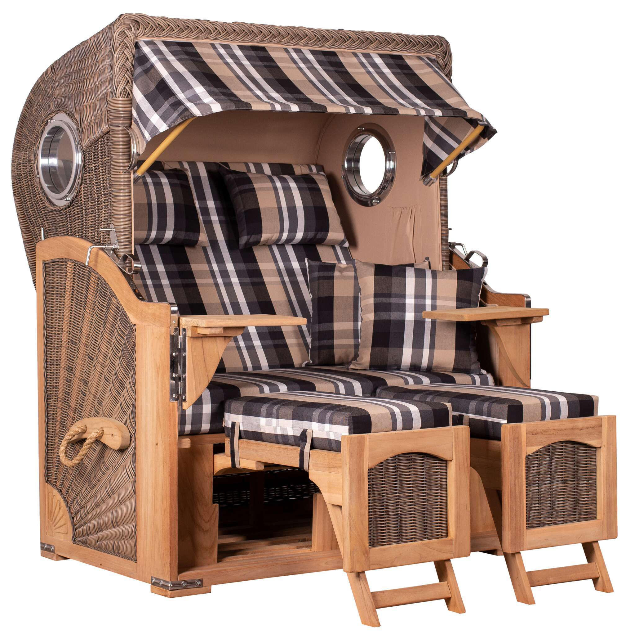 STRANDKORB Düne 2 Sitzer Teak PE Grey - Beige/Braun, Holz/Metall (125/170/80cm) - Mr. Deko