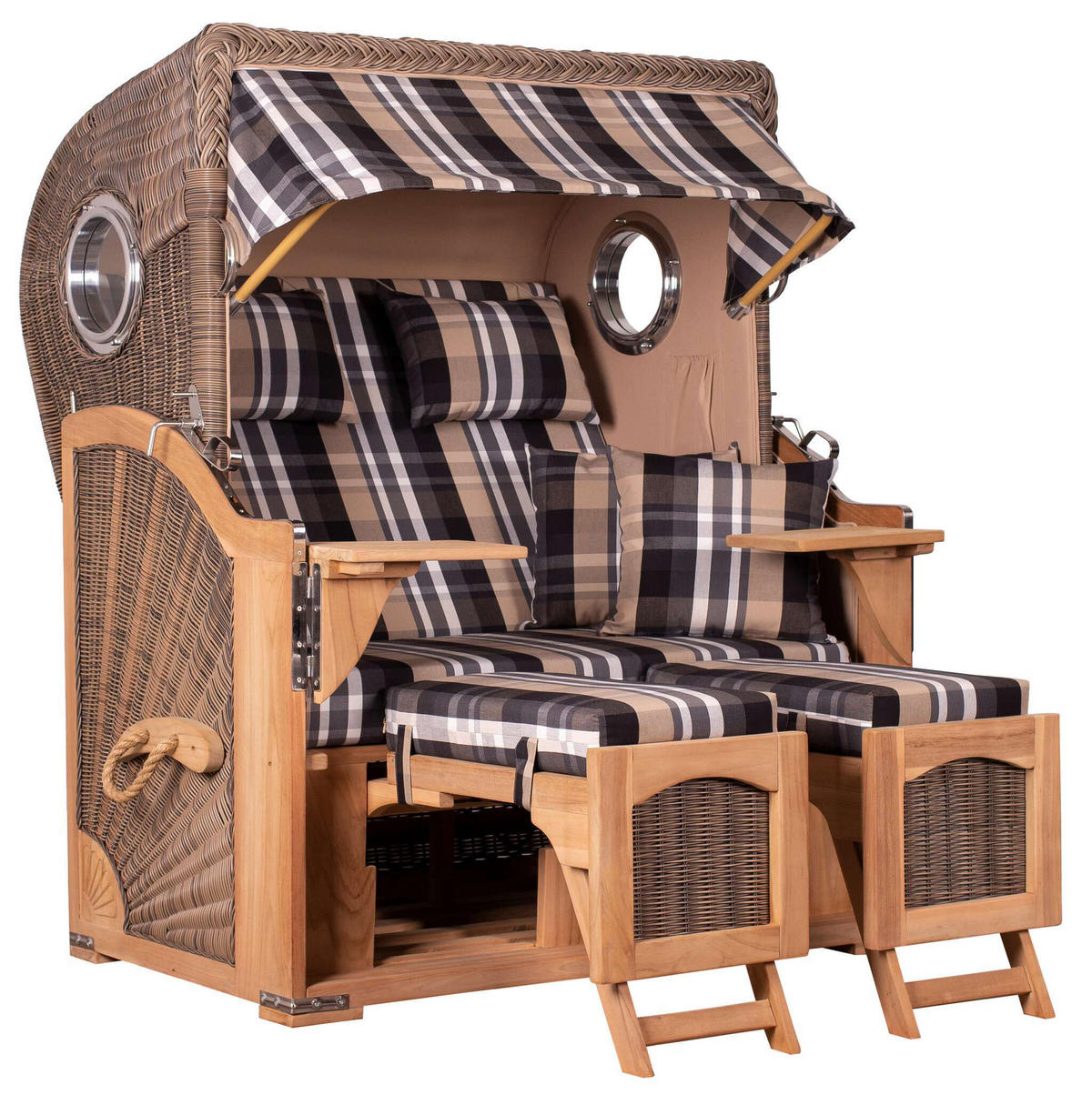 STRANDKORB Düne 2 Sitzer Teak PE Grey - Beige/Braun, Holz/Metall (125/170/80cm) - Mr. Deko