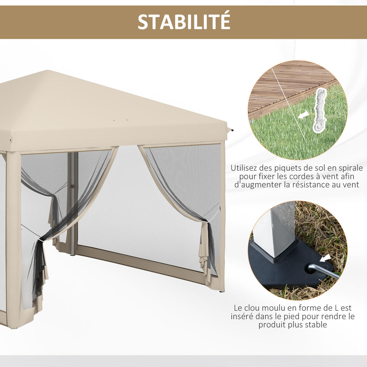 PAVILLON, wasserdicht, 4 Moskitonetze + Tragetasche,3 x3x2,65 m - Beige, Metall (295/265/295cm) - Vallsero