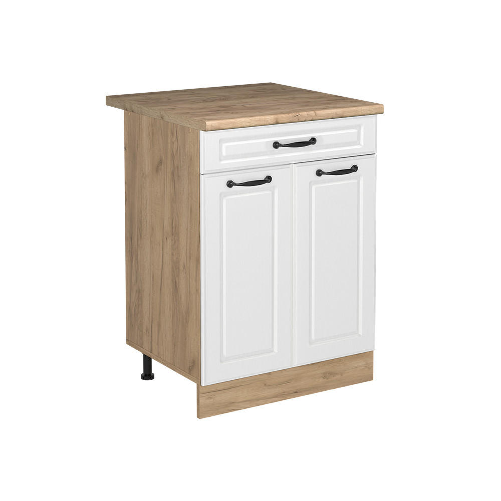 KÖKSUNDERSKÅP R-Line, Vitt hus på landet/Goldkraft ek, 60 cm med låda Auksinis ąžuolas stalviršis Vit, Honungsek 81.6/60/60 cm