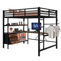 HOCHBETT aus Metall und MDF 140x200 cm Schwarz mit Schreibtisch, LED, USB und 3 Schubladen - Schwarz, Metall (90/190cm) - IVMEU
