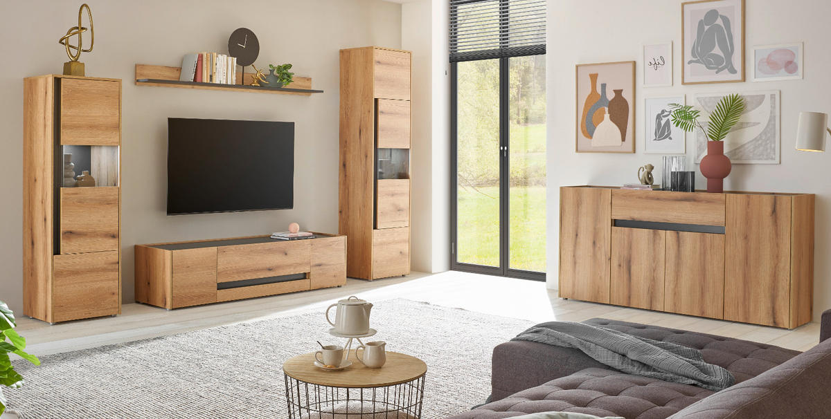 WOHNWAND Evoke Eiche, grau, Wohnkombination Set 4-teilig, 310 cm - Eichefarben/Grau, Glas/Holz (310/197/45cm) - Furn.Design