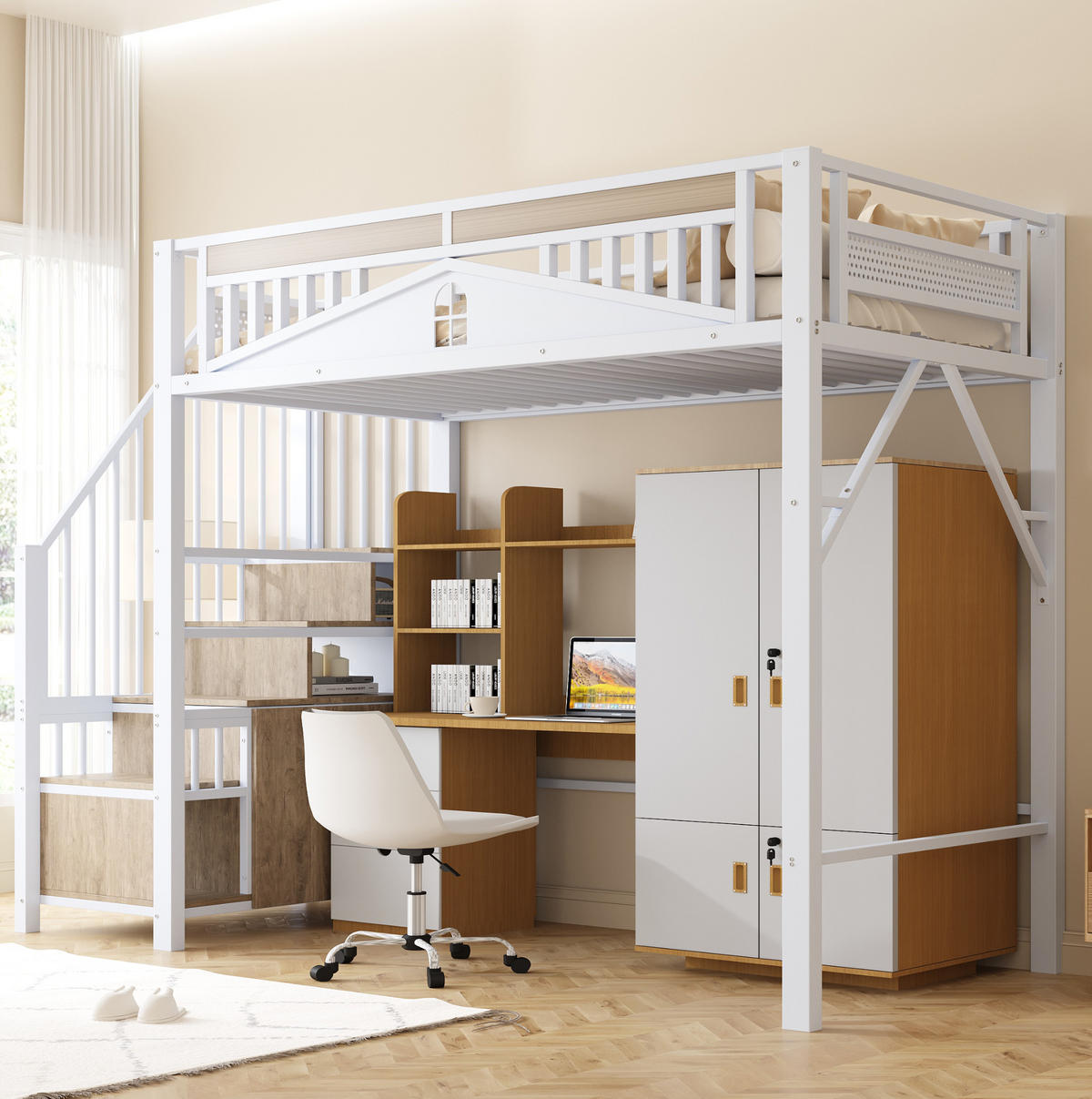 HOCHBETT 90/200 cm in Weiß – mit Stauraumtreppe und umlaufendem Rausfallschutz - Weiß, Metall (90/200cm) - BEAOK