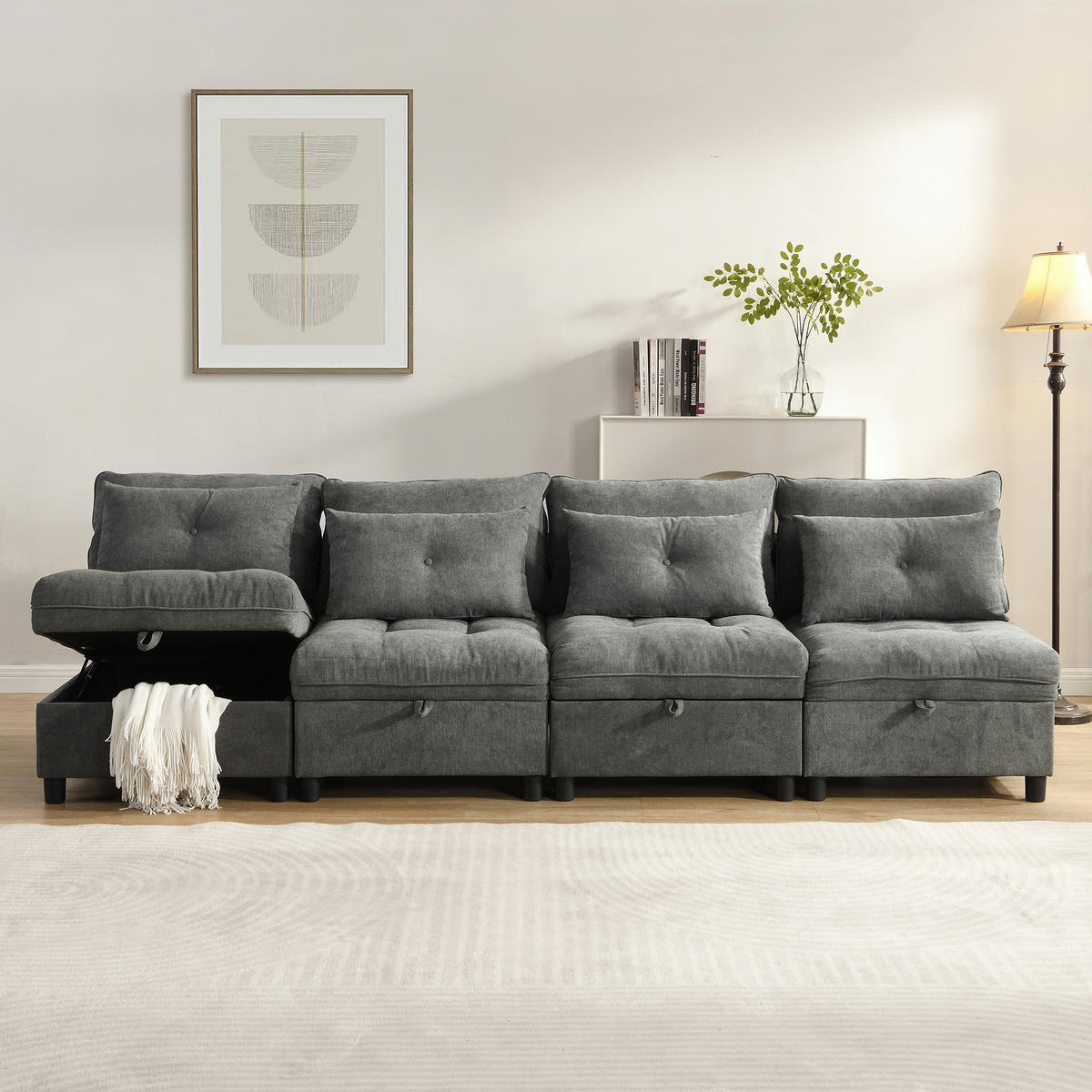 4-SITZER SCHLAFSOFA Chenille Antique Gray mit Stauraum und Schlaffunktion - Grau, Holzwerkstoff/Kunststoff (274/87/76cm) - WISHDOR