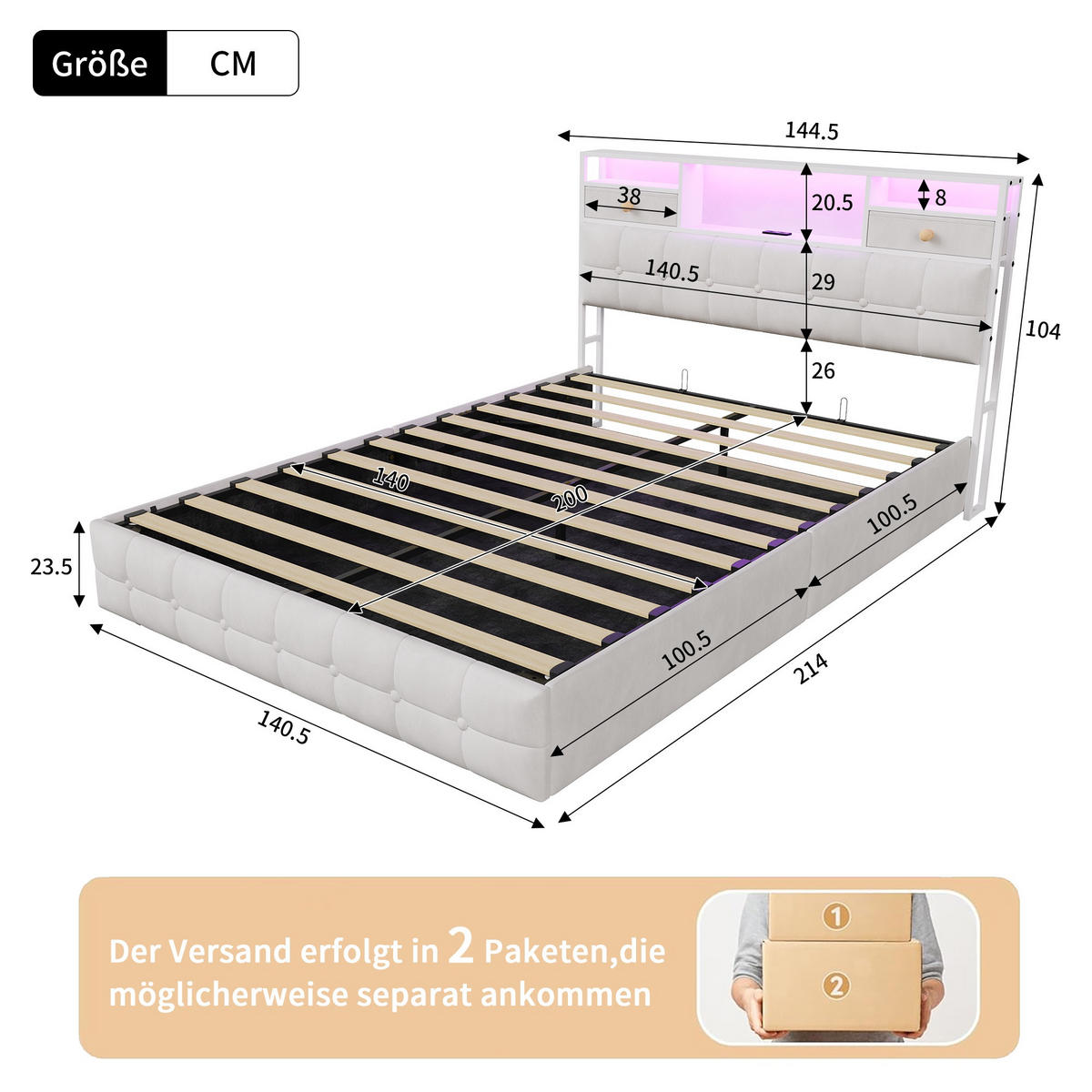 BETT mit hydraulischem Bettkasten, 140/200 cm, mit Samtbezug, LED-Beleuchtung und USB-Anschlüssen, Beige - Beige, Textil/Metall (140/200cm) - Waldena