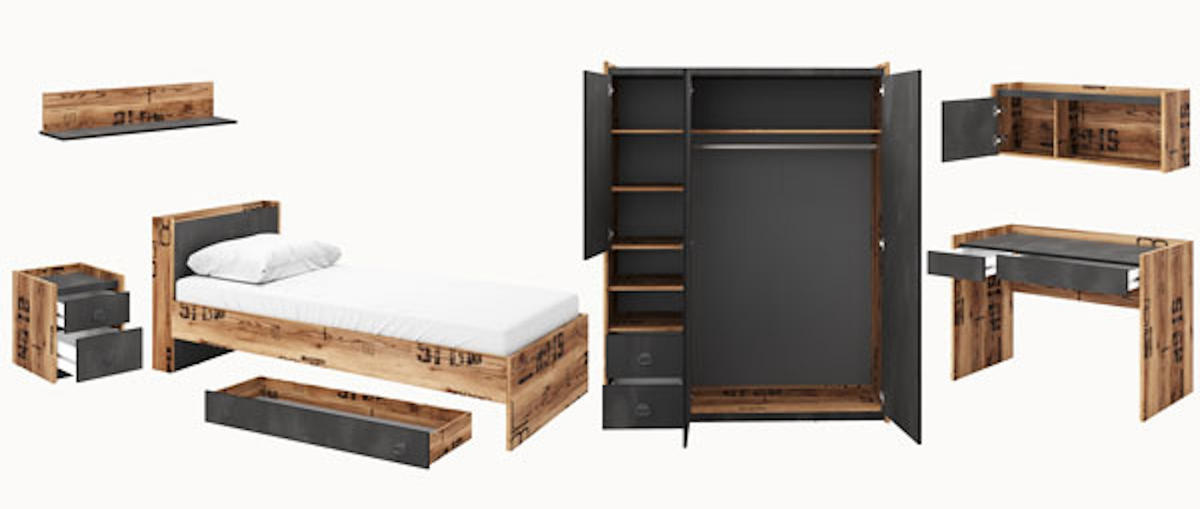 JUGENDZIMMER-SET Fargo Canyon Alpine Spruce / Raw Steel 641 / 218 / 191cm 7-teilig - Braun/Grau, Holz/Holzwerkstoff (641/191/218cm) - Feldmann-Wohnen