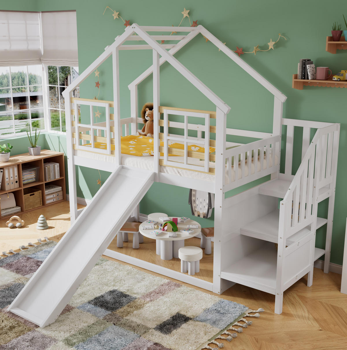 ETAGENBETT mit Rutsche und Treppe 90x200 cm Weiß und Natur - Weiß, Holzwerkstoff (90/200cm) - Beauniv