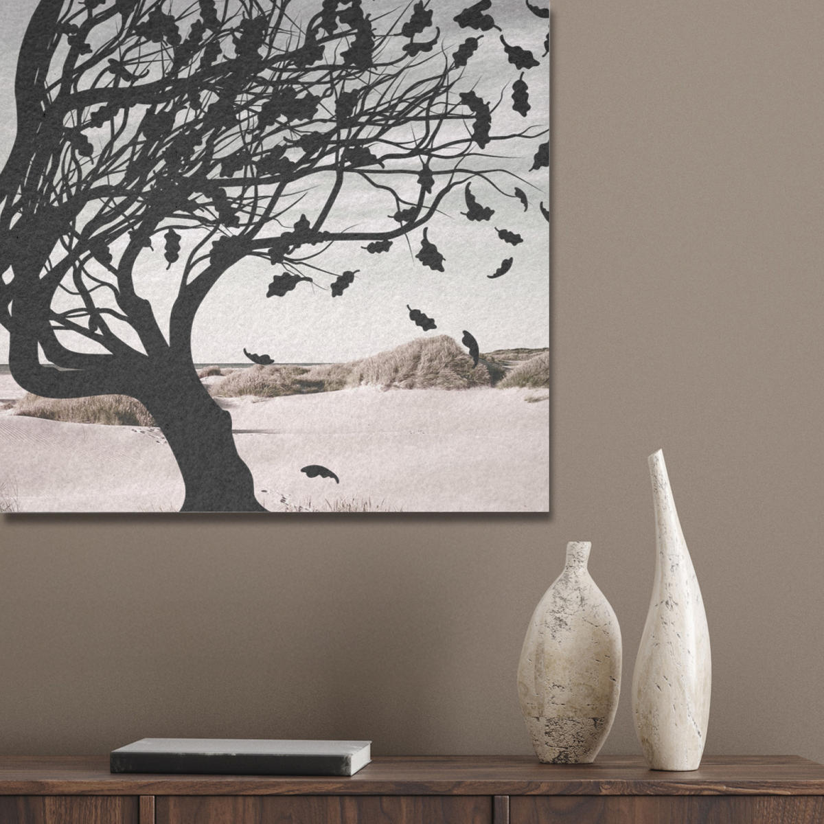 AKUSTIKBILD Strand - Meer - Menschen - Baum - Moderne Kunst Akustikpaneele 90x60 cm - Hellgrau, Kunststoff (90/60/0.9cm) - MuchoWow