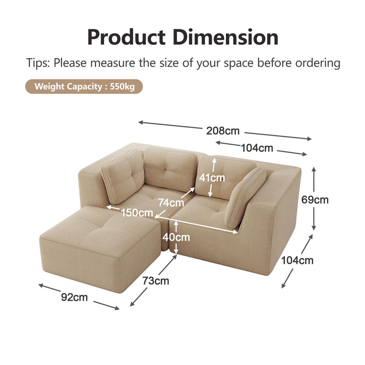 2-SITZER Sofa 208x177x69 cm aus Cordstoff rahmenlos modular mit Fußstütze, beige - Beige, Textil (177/69/208cm)