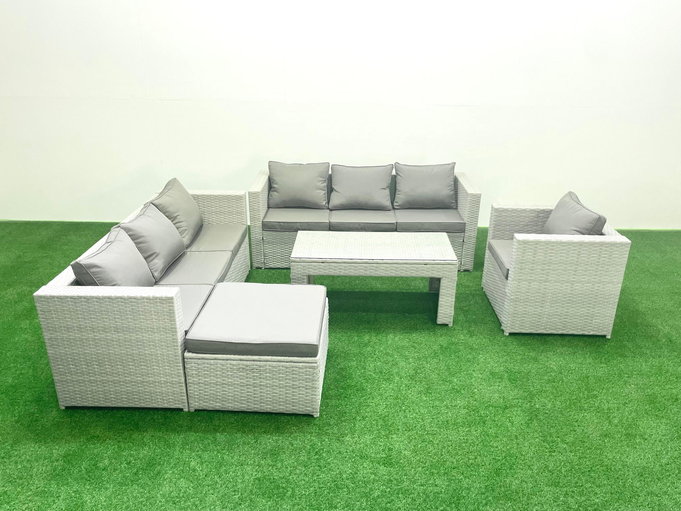 GARTENSOFA hohe Rückenlehne Polyrattan Hellgrau-Mix 8-Sitzer - Hellgrau/Grau, Glas/Kunststoff - Fimous