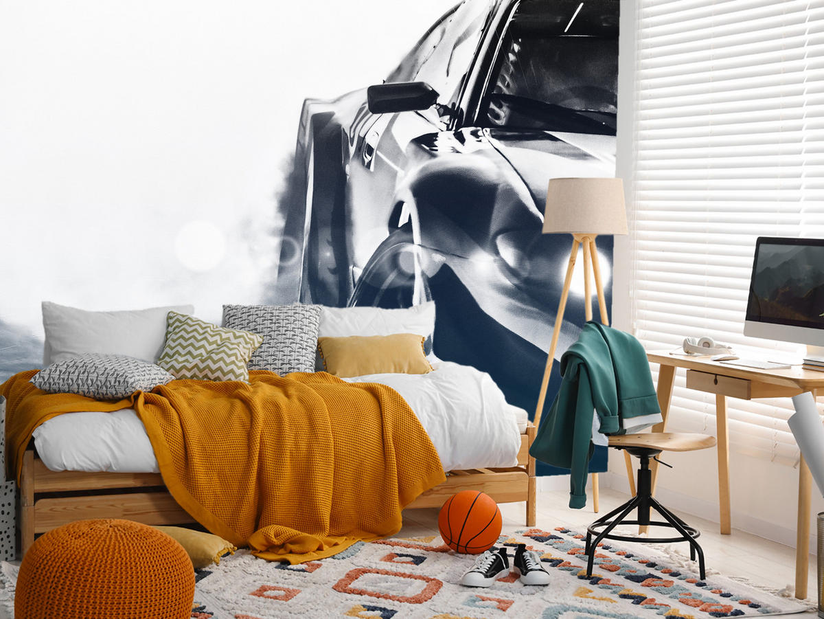 FOTOTAPETE für Jugendzimmer Drift Sportwagen Action 250x175 - Schwarz/Weiß, Papier (250/175cm) - Muralo