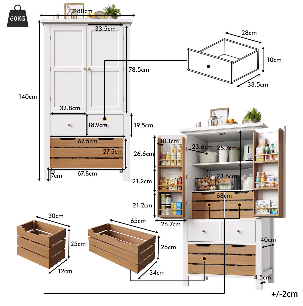 BUFFET 80/40/140 cm in Weiß mit 5 Schubladen und 2 Türen - Weiß, Holzwerkstoff (80/140/40cm) - Flora Grace