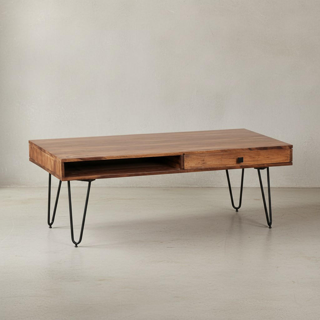 COUCHTISCH BALU mit Schubfächern aus Massivholz und Metallfüßen, leichter Aufbau, Braun 110x60x40 cm - Schwarz/Braun, Holz/Metall (60/110/40cm) - KADIMA DESIGN