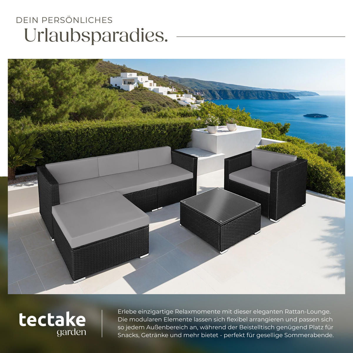 RATTANLOUNGE Milano,mit Sicherheitsglasplatte,schwarz/grau - Schwarz/Grau, Kunststoff - tectake