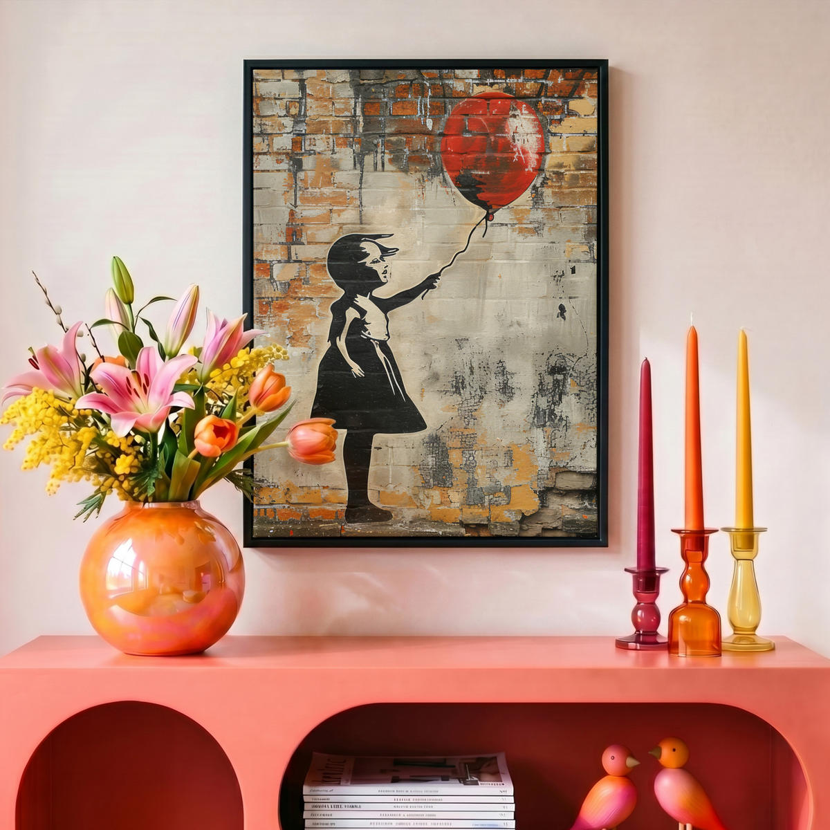 LEINWAND Bilder mit Rahmen - Graffiti - Banksy - Mädchen - Straßenkunst - 30x40 - Sandfarben, Textil (30/40cm) - MuchoWow