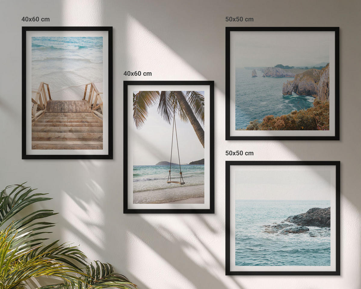 BILDER SET 4er Set - 50x50 cm & 40x60 cm Schwarzer Rahmen - Treppe, Strand, Meerblick, Schaukel - Schwarz, Kunststoff (50/50cm) - TULUP