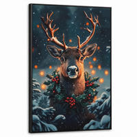 LEINWAND Bilder mit Rahmen - Hirsch - Weihnachten - Winter - Schnee - Weihnachtskranz - 60x90 - Dunkelbraun, Textil (60/90cm) - MuchoWow