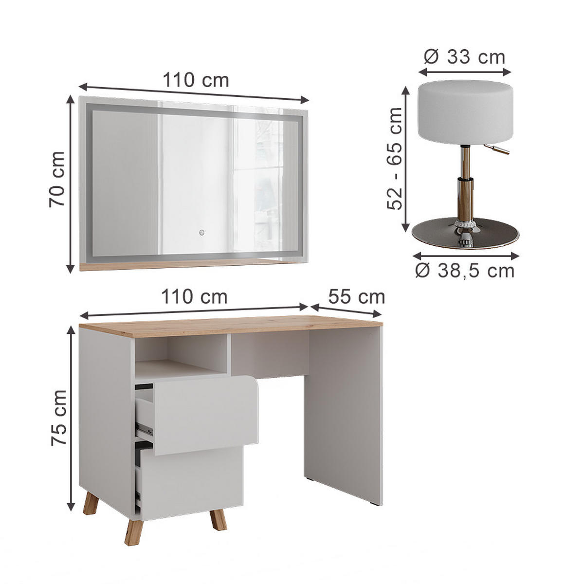 SCHMINKTISCH Karen Weiß/Artisan 110 cm mit Hocker und LED-Spiegel - Weiß/Eiche Artisan, Holzwerkstoff (110/75/55cm) - Vicco
