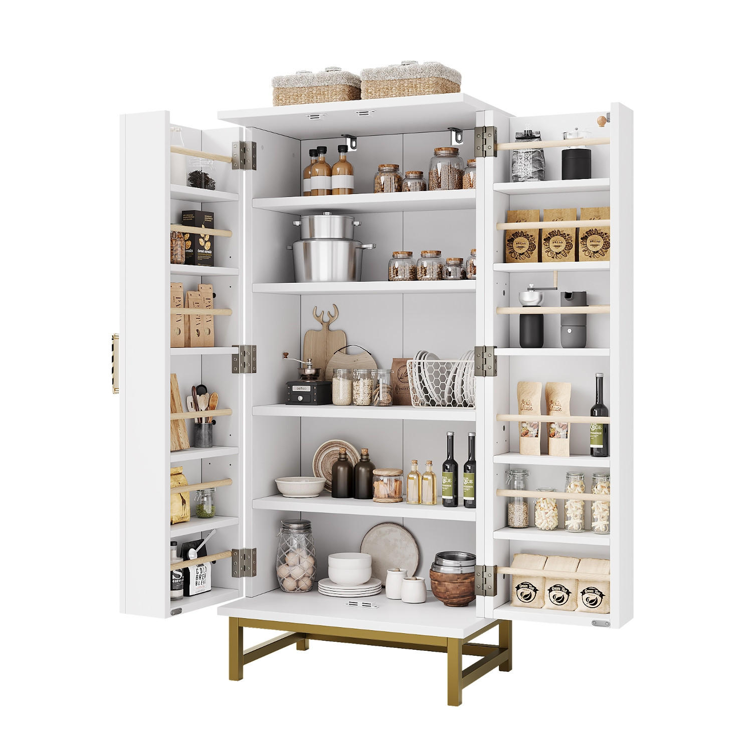 KÜCHENSCHRANK 60/130/40 cm, Holzwerkstoff, weiß gold, VERSTELLBARE EINLEGEBÖDEN, Vorratsschrank für kleine Räume im Esszimmer - Weiß, Holzwerkstoff (40/130/60cm) - Rolipo