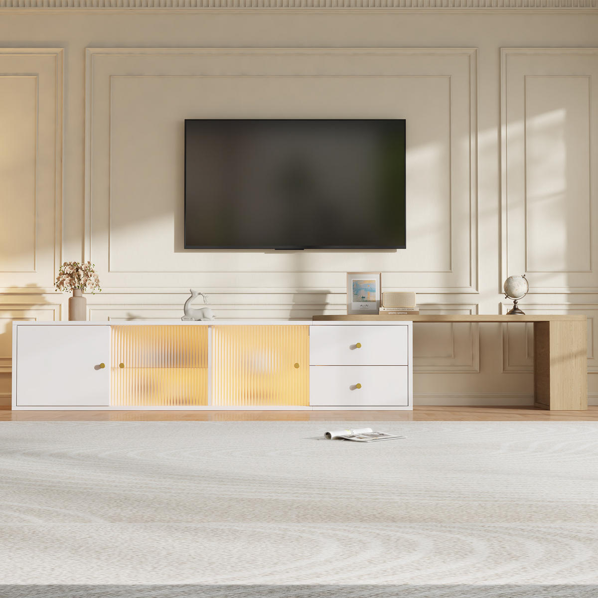 TV-LOWBOARD LED Ausziehbar Schubladen Glas Türen Weiß Holz - Multicolor, Holzwerkstoff (175/38/40cm) - FLIEKS