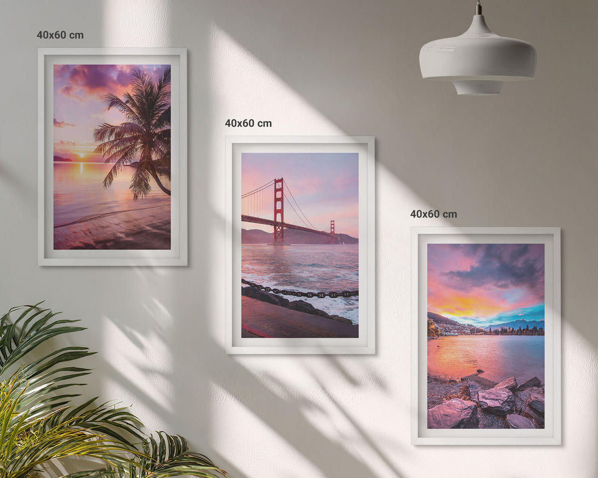 BILDER SET 3er Set - 40x60 cm Weißer Rahmen - Sonnenuntergangsbrücke Landschaft - Weiß, Kunststoff (40/60cm) - TULUP