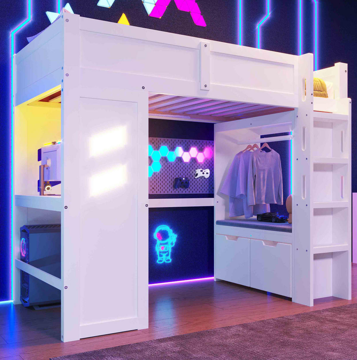 HOCHBETT mit Schreibtisch 90/200 cm in Weiß – mit LED, USB-C und Stauraum - Weiß, Holz (90/200cm) - BEAOK