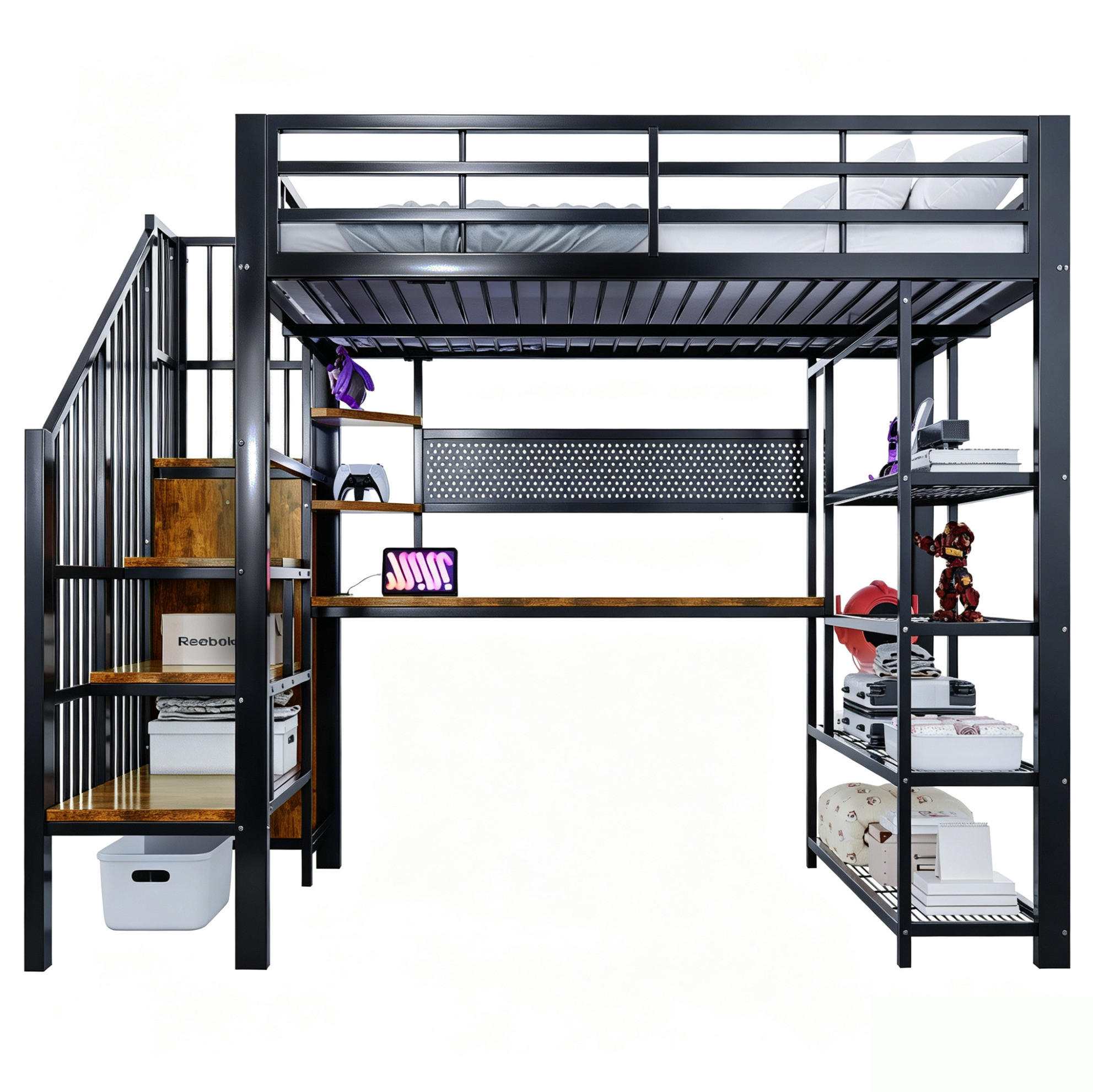 HOCHBETT 140/200 cm aus Metall und Holz mit Treppe, LED Schwarz - Schwarz, Metall (140/200cm) - OKMYHOME